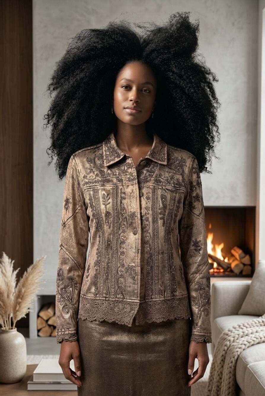 Flashback Vintage Embroidered and Beaded Bronze Jacket with Crochet Hem
